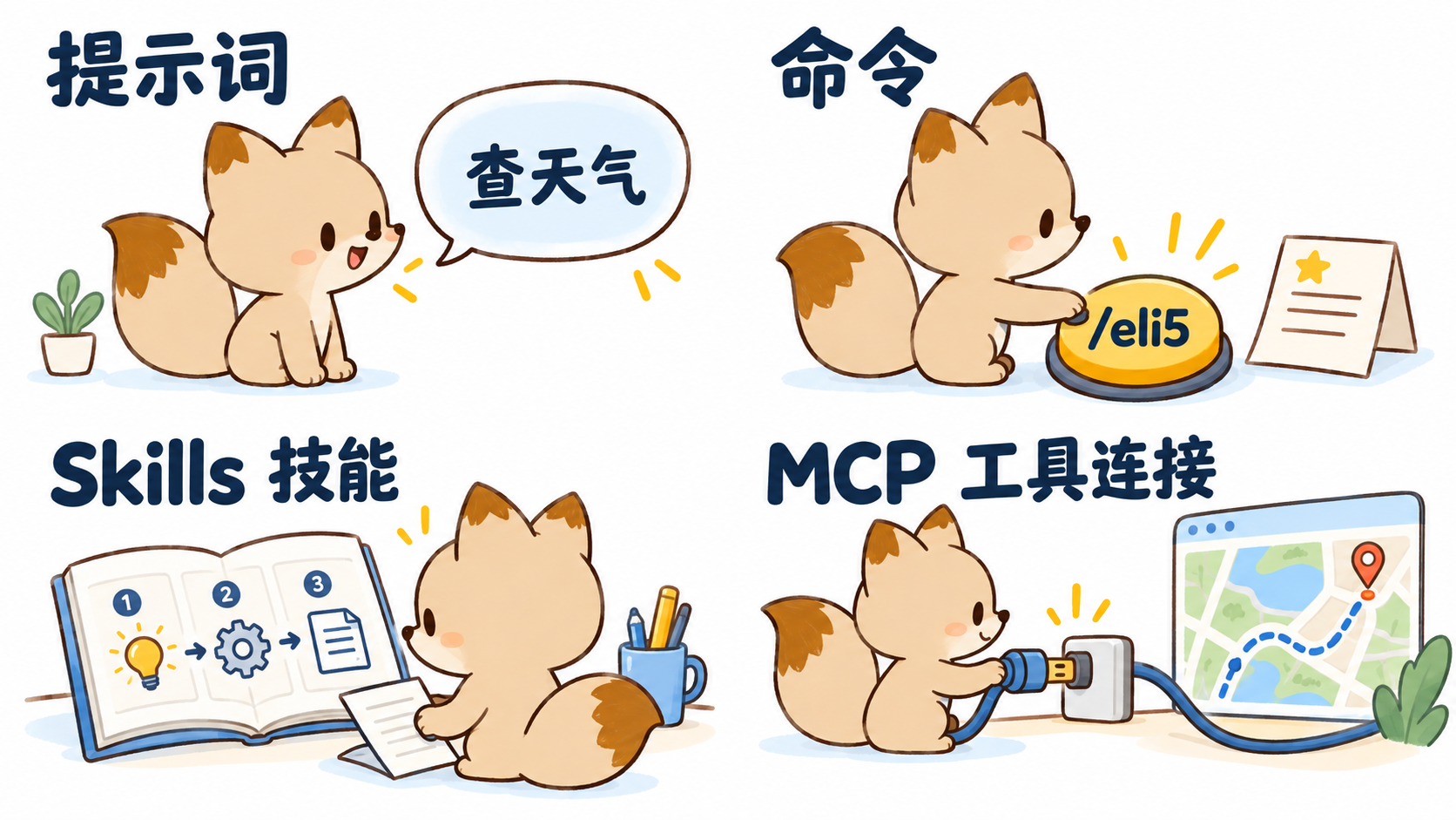 提示词、命令、Skills 技能和 MCP 工具连接的用途