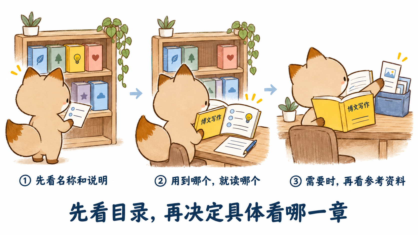 Skills 按需读取：先看名称和说明，用到再读技能，需要时看参考资料